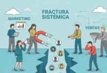 Alineación comercial: La clave para frenar la pérdida de leads en el sector IT B2B Representación visual de la crisis de alineación comercial B2B, donde la falta de coordinación provoca que los leads calificados se pierdan en la brecha operativa entre marketing y ventas.